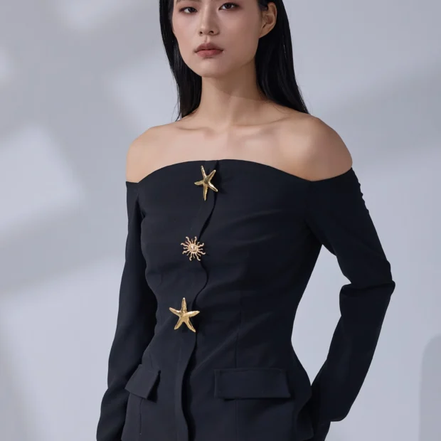 Midnight Star Off-Shoulder Tailored Gown