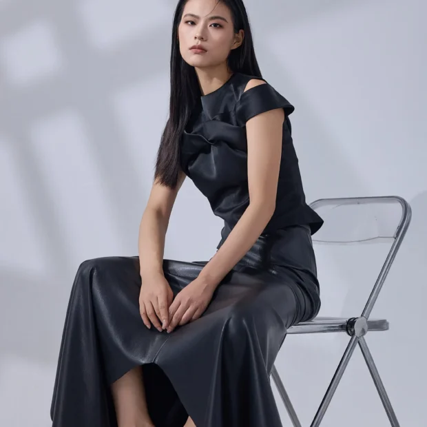 Blouse and leather skirt set