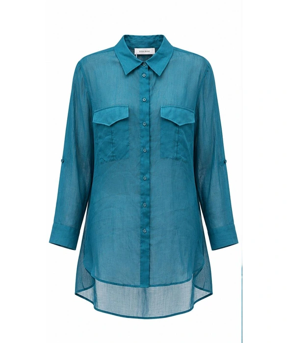 Teal Blue Sheer Longline Blouse
