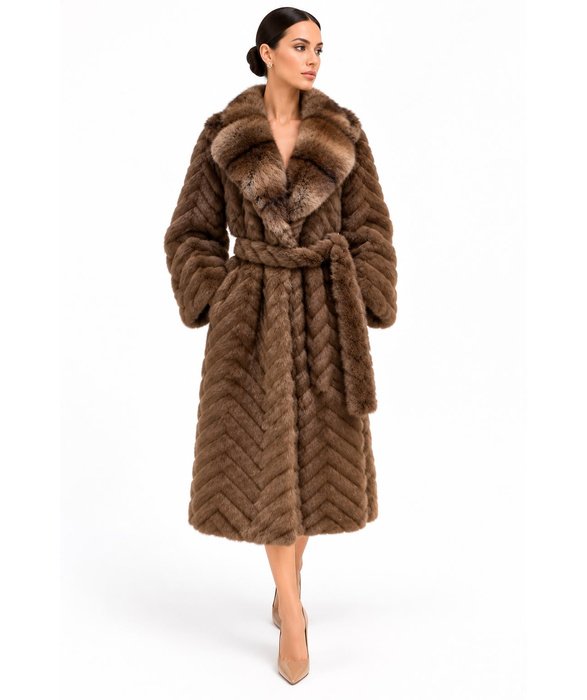 Chocolate Brown Chevron Fur Coat - Image 4