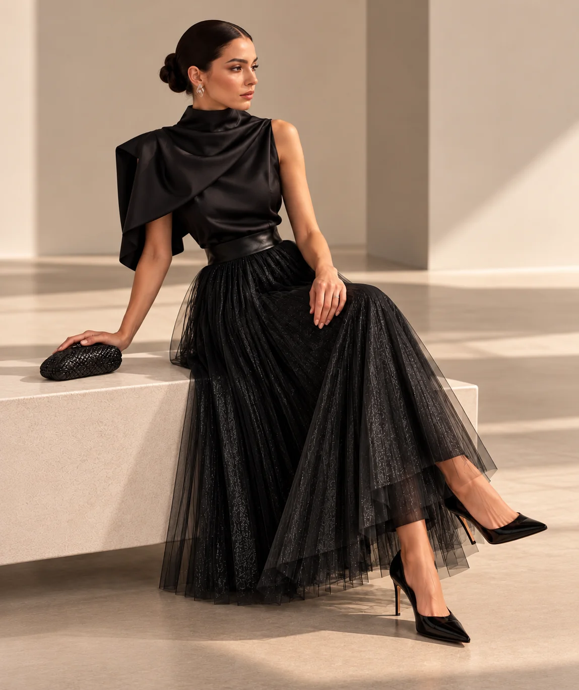 Noir Pleated Tulle Maxi Skirt - Image 3