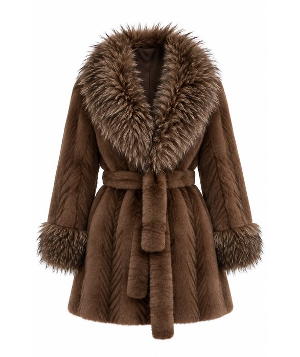 Chocolate Brown Fur-Trimmed Belted Coat