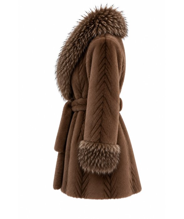 Chocolate Brown Fur-Trimmed Belted Coat - Image 3