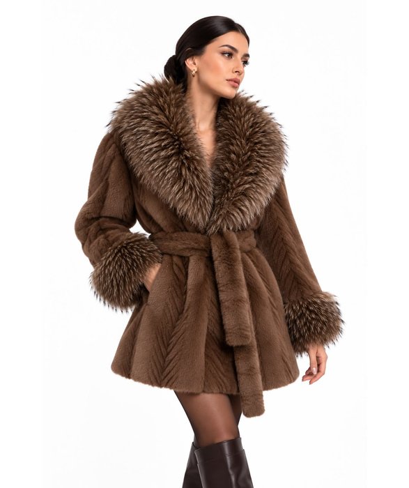 Chocolate Brown Fur-Trimmed Belted Coat - Image 5