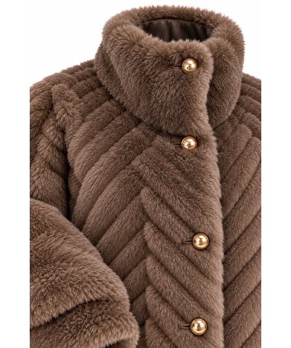 Mocha Brown Chevron Fur Coat - Image 3