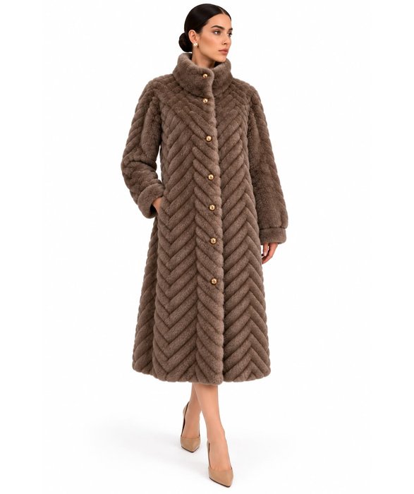 Mocha Brown Chevron Fur Coat - Image 4