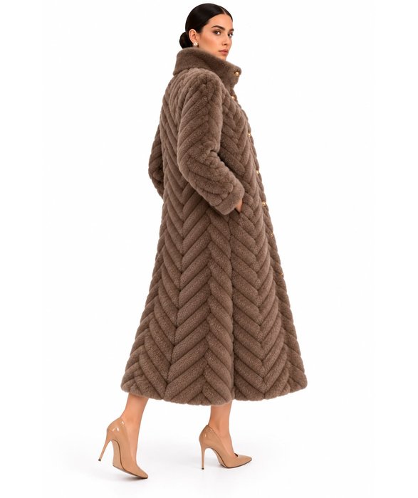 Mocha Brown Chevron Fur Coat - Image 6