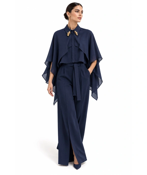 Midnight Navy Cape-Sleeve Co-Ord Set